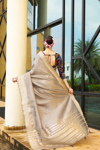Grey Handloom Weaving Khadi Silk Saree_Kumari Sarees