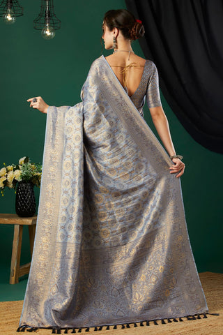 Grey And Gold-Toned Kanjeevaram Saree_Kumari Sarees