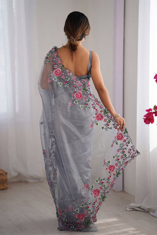 Grey Twill Net With Multi Embroidery Work Silk Saree