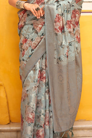 Grey Soft Cotton Silk With Floral Print Saree_Kumari Sarees