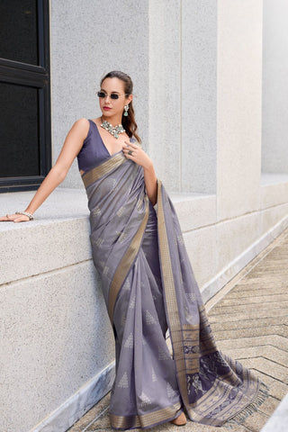 Grey Ikkat Weaving Silk Saree_Kumari Sarees