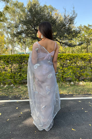 GREY ORGANZA SILK SAREE