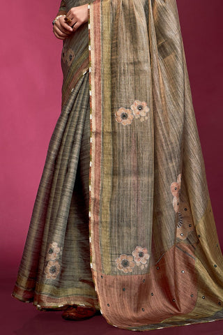 Grey Tussar Saree with Hand based Work