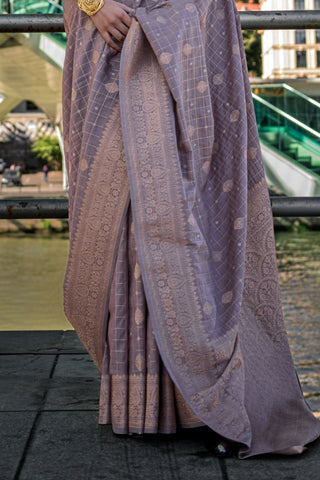 Grey Katan Silk Handloom Weaving Saree