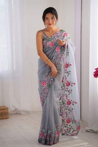 Grey Twill Net With Multi Embroidery Work Silk Saree