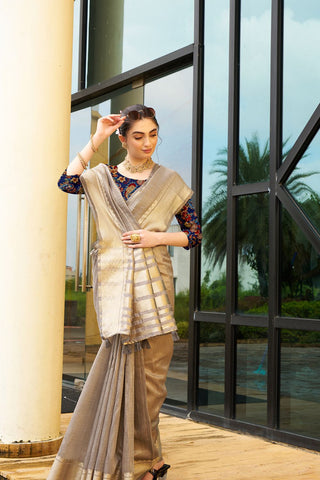 Grey Handloom Weaving Khadi Silk Saree_Kumari Sarees