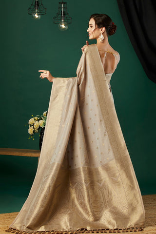 Grey Nylon Satin Weaving Jacquard Saree