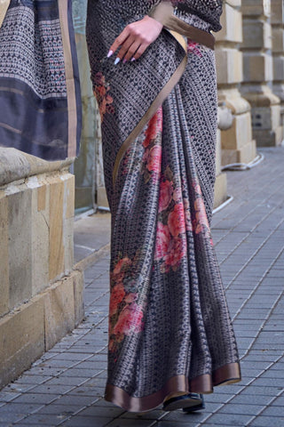 Grey Print-poly Viscose Handloom Weaving Saree