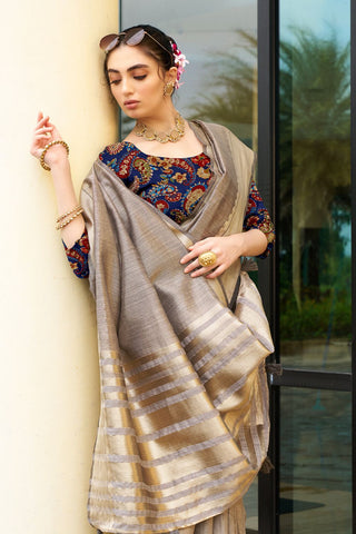 Grey Handloom Weaving Khadi Silk Saree_Kumari Sarees