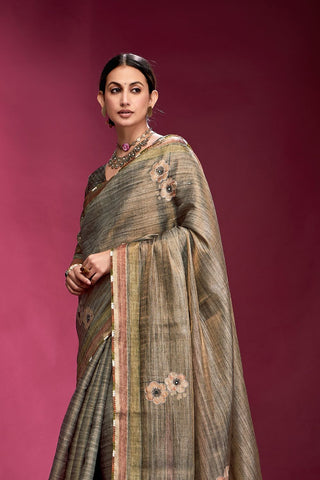 Grey Tussar Saree with Hand based Work