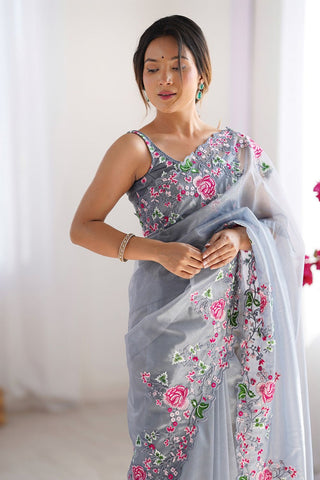 Grey Twill Net With Multi Embroidery Work Silk Saree