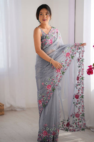 Grey Twill Net With Multi Embroidery Work Silk Saree