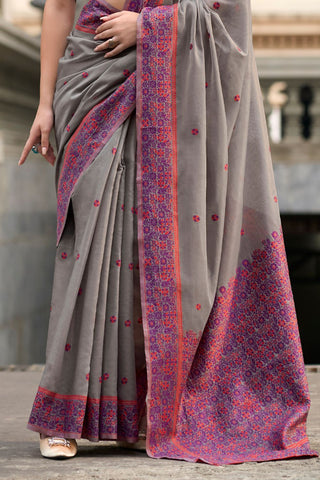 GREY SOFT LINEN COTTON SAREE