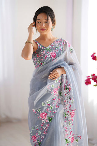 Grey Twill Net With Multi Embroidery Work Silk Saree
