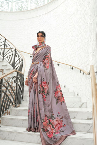 GREY PURE SILK CREEP SAREE