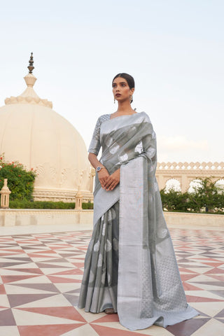 GREY PURE LINEN WEAVING SAREE