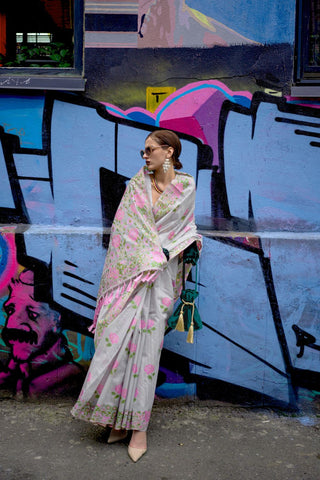 Grey Parsi Weaving - Handwoven Textured Silk Saree