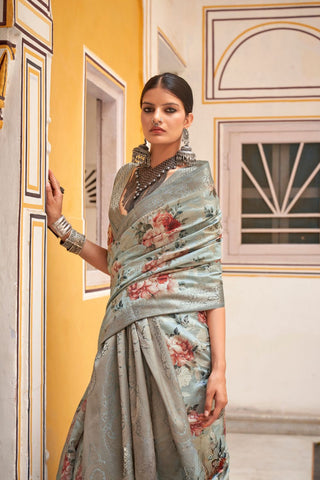 Grey Soft Cotton Silk With Floral Print Saree_Kumari Sarees