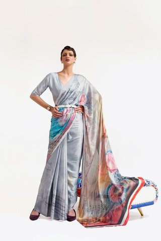 Grey Digital Printed Soft Creep Saree