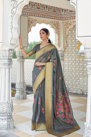 GREY PURE LINEN WEAVING SAREE