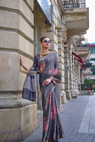 Grey Print-poly Viscose Handloom Weaving Saree