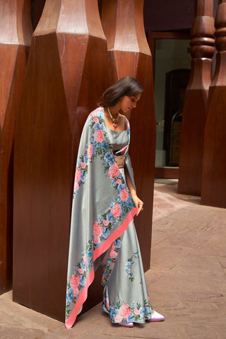 GREY DIGITAL PRINTED SATIN CREPE SAREE