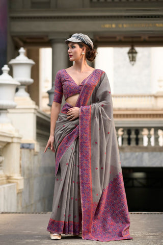 GREY SOFT LINEN COTTON SAREE