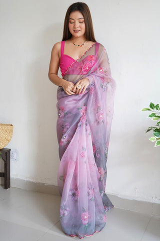 GREY ORGANZA HANDWORK DIGITAL PRINT SAREE