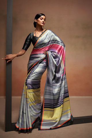 GREY SATIN CREPE DIGITAL PRINT SAREE