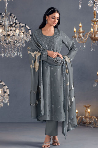 Grey Pure Russian Silk Embroidery Kurta Set