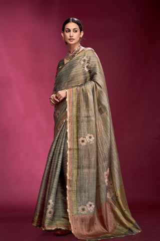 Grey Tussar Saree with Hand based Work