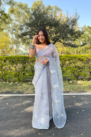 GREY ORGANZA SILK SAREE