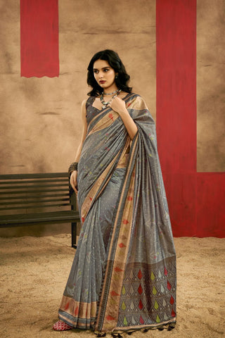 Grey Patola Handloom Weaving Silk Saree_Kumari Sarees