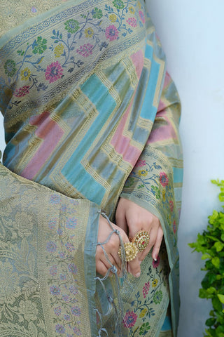 Grey Organza Leheriya Woven Saree