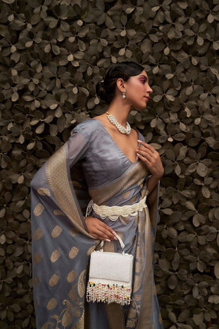 GREY NYLON CHINON TWO - TONE WEAVING SAREE