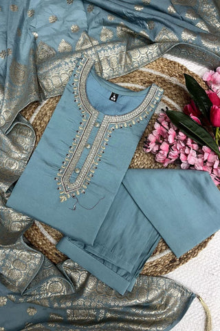 Grey Viscose Chanderi With Embroidered Kurta Set_Kumari Sarees