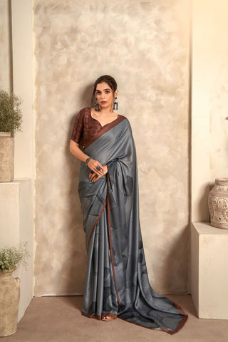 GERY SATIN CREPE WITH DIGITAL PRINT SAREE