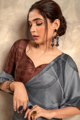 GERY SATIN CREPE WITH DIGITAL PRINT SAREE