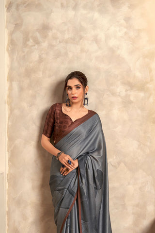 GERY SATIN CREPE WITH DIGITAL PRINT SAREE