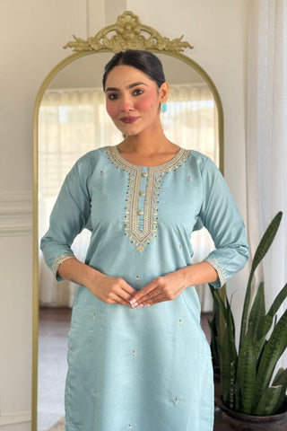 Grey Viscose Chanderi With Embroidered Kurta Set_Kumari Sarees