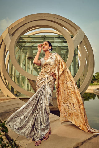 Grey Printed Satin Crepe Saree_Kumari Sarees