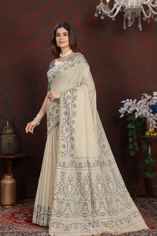 Grey Mulmul Jamdani Cotton Saree