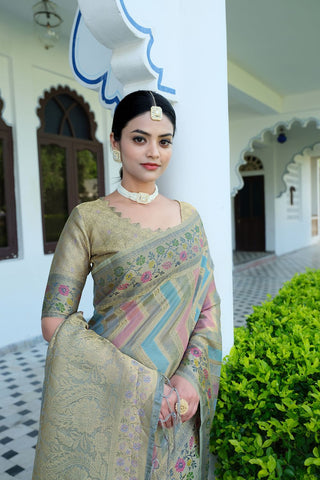 Grey Organza Leheriya Woven Saree