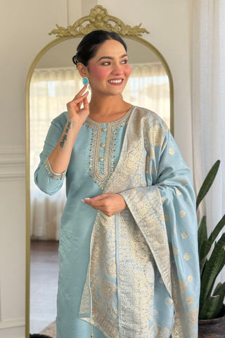 Grey Viscose Chanderi With Embroidered Kurta Set_Kumari Sarees