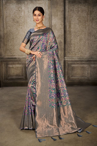 Grey Banarasi Pashmina Silk Saree