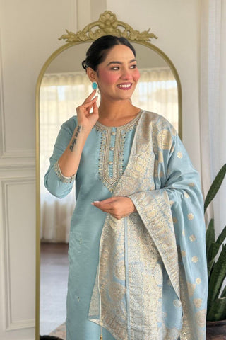 Grey Viscose Chanderi With Embroidered Kurta Set_Kumari Sarees