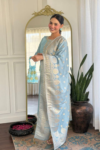 Grey Viscose Chanderi With Embroidered Kurta Set_Kumari Sarees