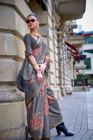 Grey Print-poly Viscose Handloom Weaving Saree