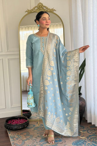 Grey Viscose Chanderi With Embroidered Kurta Set_Kumari Sarees