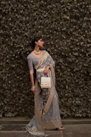 GREY NYLON CHINON TWO - TONE WEAVING SAREE